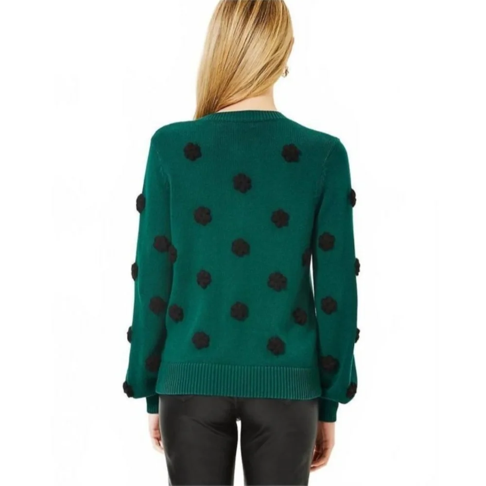 Lilly Pulitzer Wyla Sweater XL Villa Green Tossed Crochet Flowers VNeck Knit Pom